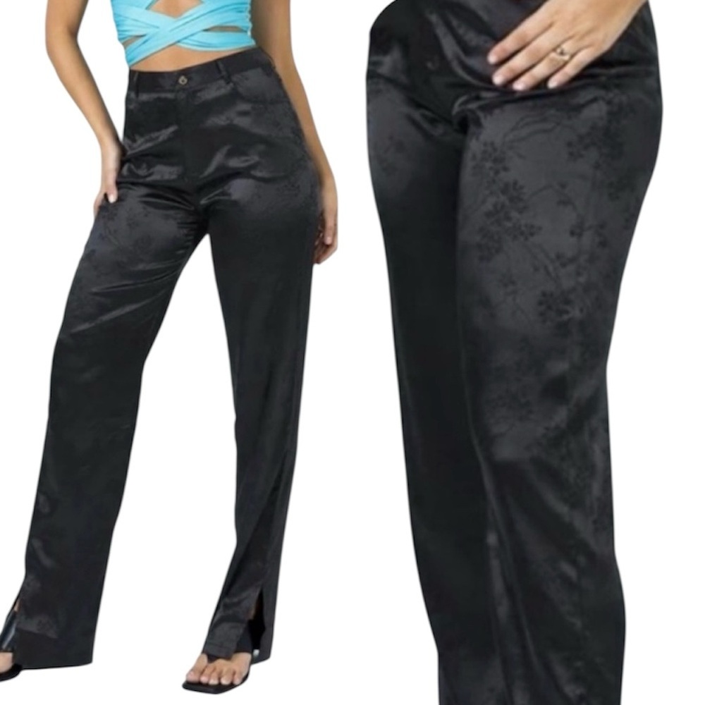 Lioness Black Satin Jacquard Floral Pants Split Leg Lightweight XS High Waisted